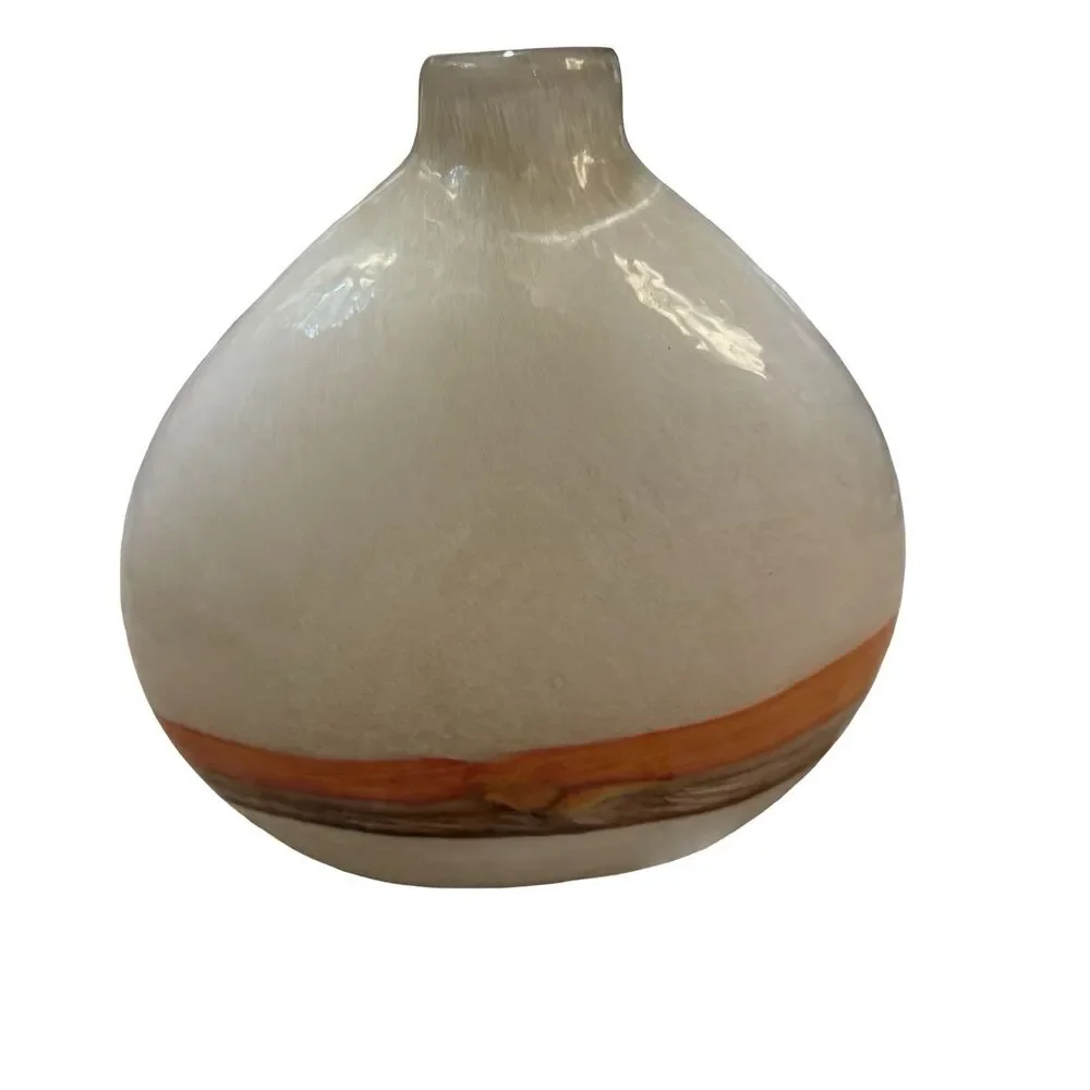 Pier 1 Imports Flat Bottle Glass Vase w/ Orange & Brown Stripes Decorative 10